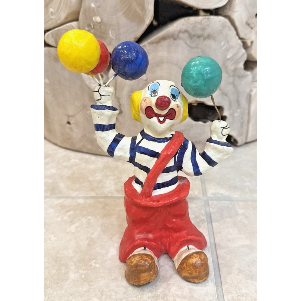 Vintage Paper Mache Clown With Balloon's Folk Art Hand Painted Whimsy 9" Circus